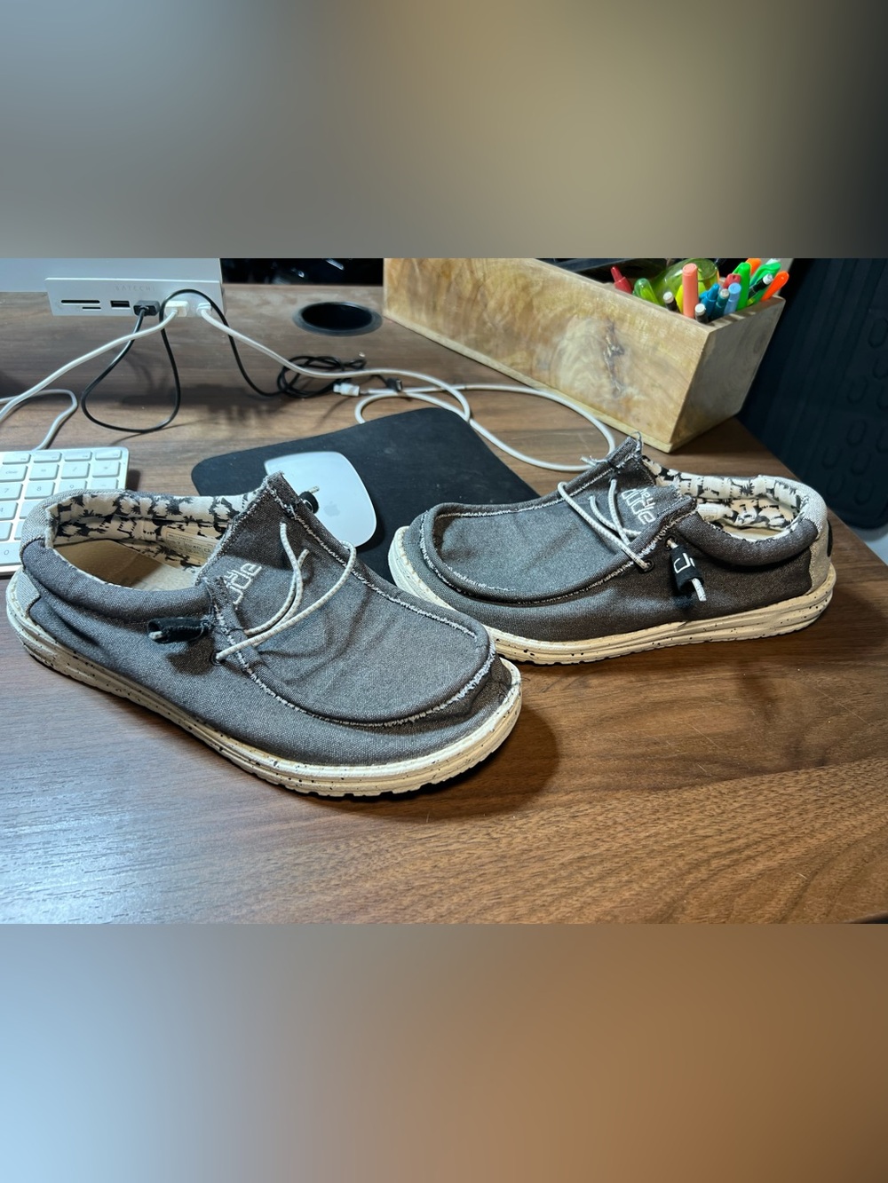 Hey Dude Wally Stretch Mens 7 Opal Black Logo Slip On Shoes Distressed 110384724
